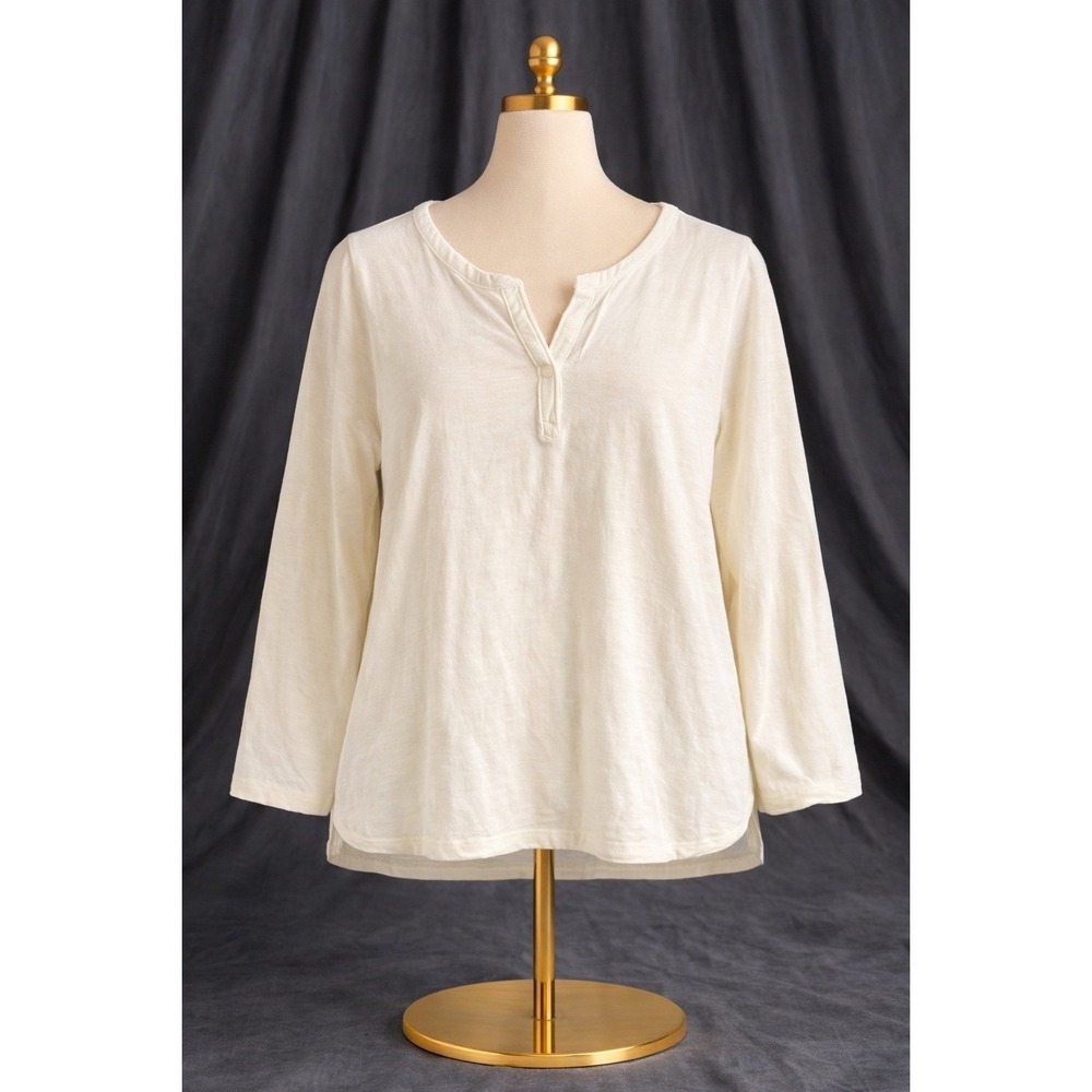 L.L. Bean Organic Cotton Henley Top Women L Petite Cream 3/4 Sleeve